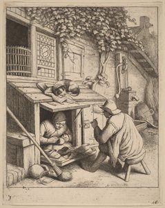 Um fumador sentado num banco a conversar com um sapateiro a trabalhar de Adriaen van Ostade