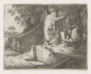 Mulher girando na frente de uma casa de Adriaen van Ostade