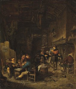 Interior de uma taberna com camponeses a jogar às cartas, a fumar e a beber