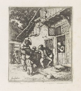 Dois músicos em frente de uma casa de Adriaen van Ostade