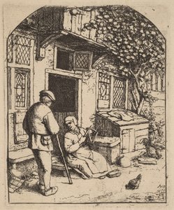 Dois camponeses diante de uma casa, a mulher enrola lã de Adriaen van Ostade