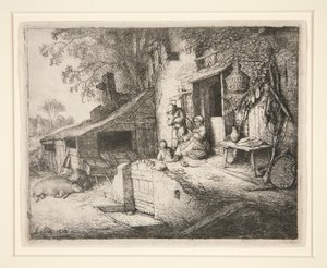 Mulher girando em uma porta de casa de campo de Adriaen van Ostade