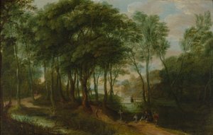 Caminhantes numa vegetação rasteira, arquitetura ao fundo de Adriaen van Stalbemt