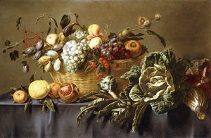 Uma cesta de frutas sobre uma mesa coberta, c.1635