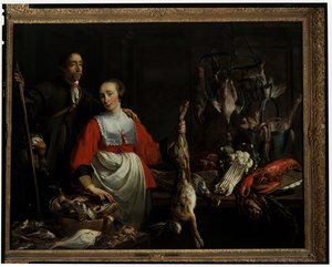 Um guarda-caça com uma pistola de caça e uma criada segurando uma lebre morta numa despensa de Adriaen van Utrecht