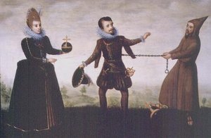 Sátira sobre o Arquiduque Albert o Pio renunciando ao seu Arcebispado de Toledo para casar com a Infanta Isabella Clara Eugenia em 1598 de Adriaen van de (workshop of) Venne