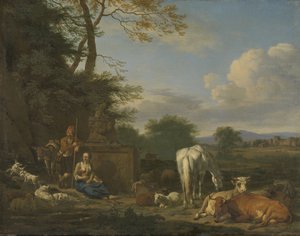 Paisagem árcade com descansando pastores e animais, 1664 (óleo sobre tela no painel) de Adriaen van de Velde