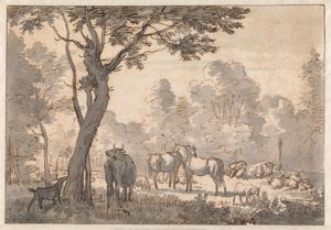 Paisagem arborizada com cavalos, vacas e cabras de Adriaen van de Velde