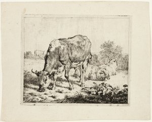 Touro pastando e três ovelhas de Adriaen van de Velde