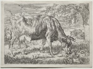 Vaca e duas ovelhas ao pé de uma árvore de Adriaen van de Velde