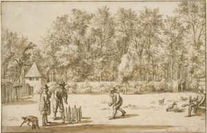Três homens a jogar ao bowling de pinos de Adriaen van de Velde