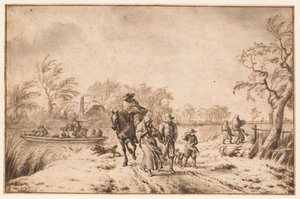 Paisagem de outono com viajantes e ferry de Adriaen van de Velde