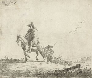 Cavaleiro e pastor com gado em uma estrada de terra, 1653
