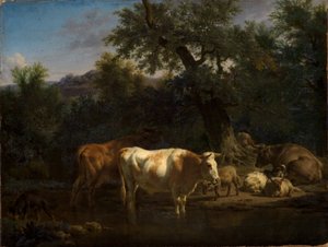 Gado bovino e ovelhas junto à água na floresta de Adriaen van de Velde