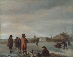 Cena de inverno com um grupo de jogadores de golfe num rio gelado, c.1654-72 (óleo sobre painel) de Adriaen van de Velde