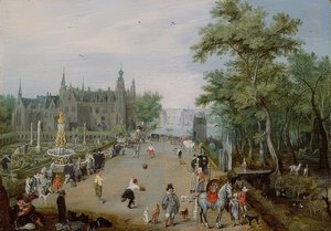 Jogo de Jeu de Paume na frente de um palácio. Por volta de 1614