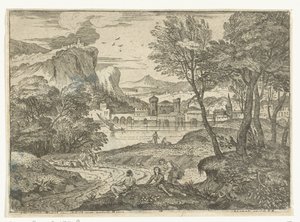Paisagem com três pessoas ao longo do caminho O homem e as duas mulheres sob a sombra das árvores Paisagens, série oito (título da série)