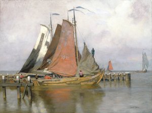Barcos pesca, partindo, Zuyderzee, porto, 1899