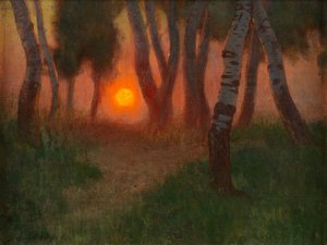 Pôr do sol em uma paisagem arborizada (óleo no painel) de Adrian Scott Stokes