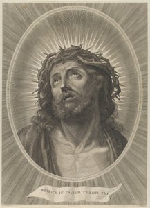 Cabeça de Cristo olhando para cima com coroa de espinhos, em moldura oval, depois de Reni, ca. 1..., aprox. 1653-67. de Adrian van Melar
