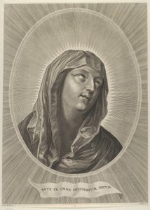 A cabeça da Virgem olhando para a direita, em moldura oval, depois de Reni, ca. 1..., aprox. 1650-67. de Adrian van Melar