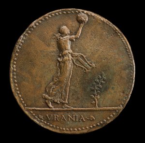 Urania andando para a direita, segurando um globo e lira [reverso], 1488 ou depois.