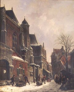 Uma cena de rua holandesa com figuras de uma igreja de Adrianus Eversen
