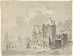 Vista de um castelo imaginado(?) perto de uma cidade de Adrianus Eversen