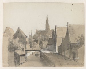 Vista de um canal em Haarlem, ao fundo St. Bavo Haarlem (título no objeto) de Adrianus Eversen