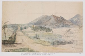 Vista dos vulcões Gedé e Pangrango, estrada Cianjur-Cipanas e residência do governador-geral em Cipanas, Priangan, Java Ocidental