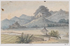 Paisagem em Cibodas com ponte e pavilhão, Java Ocidental