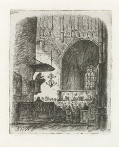Interior da igreja com serviço religioso de Adrianus Wilhelmus Nieuwenhuyzen