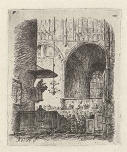 Interior da igreja com serviço de igreja de Adrianus Wilhelmus Nieuwenhuyzen