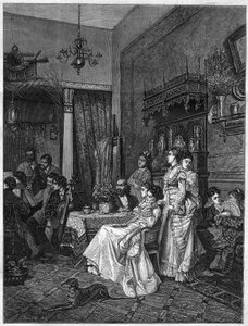 Concerto de amadores num estúdio de artistas. Gravura após a pintura de Adrien Moreau (1843-1906) em "The Illustrous Universe". de Adrien (after) Moreau