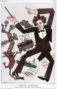 Desenho animado por Arthur Honegger "Prince of the Fauves of Music", compositor suíço (1892-1955) - por Barrère, em "Fantasio" de 01/01/1930 de Adrien Barrere