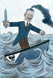 Cartoon de Wilhelm Cuno (1876-1933), político alemão responsável pelos assuntos marítimos. Desenho de Adrien Barrere (1877-1931) de Fantasio de Adrien Barrere