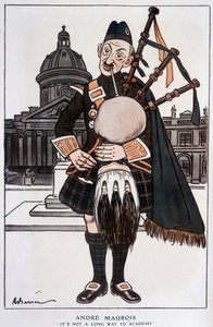 Cartoon in Academician de André Maurois (pseudônimo de Emile Herzog), romancista, ensaísta e historiador francês (1885-1967) - por Barrère, em "Fantasio" de 15/04/1929 de Adrien Barrere