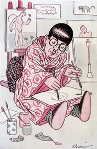 Desenho animado mostrando Tsuguharu Fujita, baptizado Leonard Foujita, pintor francês de origem japonesa (1886-1968). Desenho de Barrere em Fantasio, em 01/04/1927.