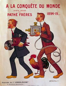 Cartaz sobre os irmãos Pathe: "A la conquete du monde" Charles Pathe e seu irmão Emile usando fonógrafos e projetores. Ilustração de Adrien Barrere (1877-1931) Paris do século XX, biblioteca do Arsenal