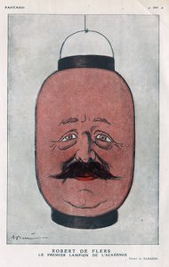 Robert Pelleve de La Motte-Ango (Motte Ango), Marquês de Flers, dramaturgo francês (1872-1927). (A primeira lanterna da academia). Desenho animado por Barrere em "Fantasio", de junho de 1921. de Adrien Barrere