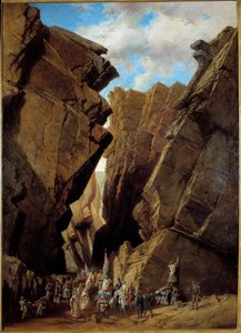A colonização francesa da Argélia: "a passagem da Porta de Ferro na Argélia em 28/10/1839" A expedição francesa, comandada pelo Duque de Orleans em 1839 atravessa a passagem dos Bibans. Pintura por Adrien Dauzats (1804-1868) 1869 Sol. 1,46x1,05 m Orlea