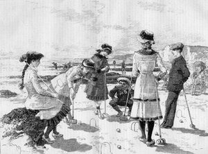 Crianças a jogar croquete na praia. Gravura de Adrien Marie em "Le Monde Illustré" n°1277 de 17 de Setembro de 1881. de Adrien Emmanuel Marie