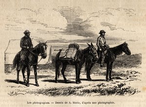 Fotógrafos da missão geológica americana, a cavalo, material cuidadosamente embalado e pronto para uma nova etapa, gravando após o desenho de A.Marie, ilustrando um conjunto de missões geográficas através do Parque Nacional dos Estados Unidos, de 1870 a 18 de Adrien Emmanuel Marie
