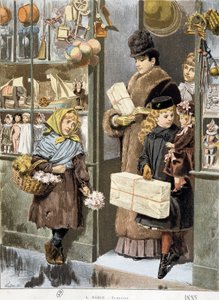Pobre garota vendendo pequenos buquês na saída de uma loja de brinquedos onde os ricos saem (compras de Natal?) - desenho de Adrien Marie de Adrien Emmanuel Marie