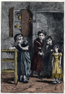 As duas filhas de Thenardier, Eponine e Azelma, olhem para Cosette que recebeu a boneca Catherine - Ilustração de Adrien Marie (1848-1891) para "Os miseráveis - Segunda parte": Cosette" de Victor Hugo (1802-1885) 1862