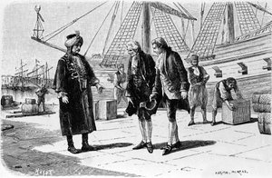 Gravura de Adrien Moreau (1843-1906) ilustrando "Candide" de François Marie Arouet dit Voltaire (1694-1778). de Adrien Moreau