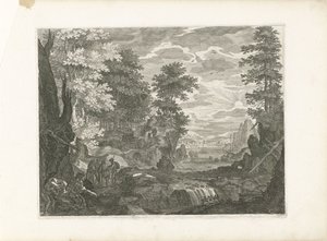 Queda de água com uma cidade ao fundo
Quatro paisagens na Boémia (título da série) de Aegidius Sadeler (II) (attributed to)