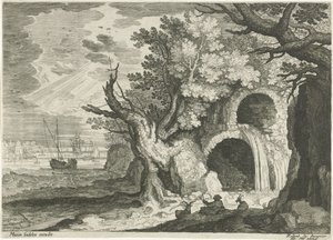 Aqueduto com cachoeira Paisagens do Tirol (título da série) de Egidius  Sadeler (II)