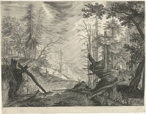 Três caçadores junto a um rio numa floresta
Paisagens de montanha do Tirol (título da série) de Egidius  Sadeler (II)