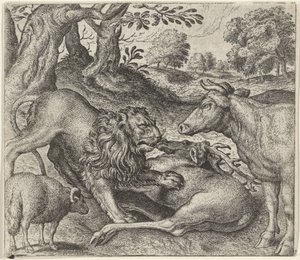 Fábula do leão, da vaca e das ovelhas na caça de Egidius  Sadeler (II)